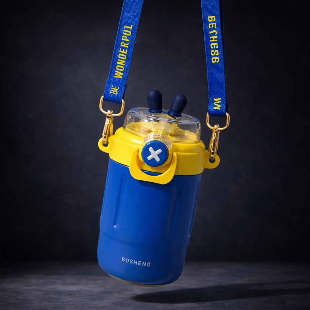 300 ml Kids Water Bottle with Stylish Carry Strap | Leakproof Lock Cap | Cute Cartoon Design | Portable Sipper for School & Travel (Blue)