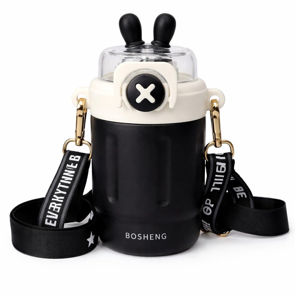 300 ml Kids Water Bottle with Stylish Carry Strap | Leakproof Lock Cap | Cute Cartoon Design | Portable Sipper for School & Travel (Black)