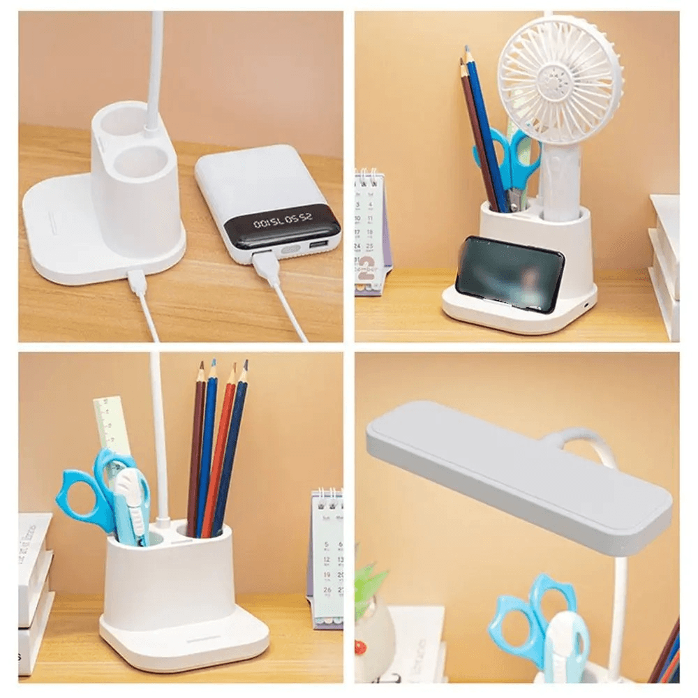 3-Color LED Study Desk Lamp – Rechargeable with Pen & Phone Holder